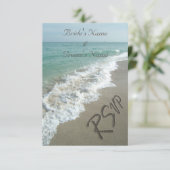 Strand bruiloft matching RSVP, zand schrijven RSVP Kaartje (Staand voorkant)