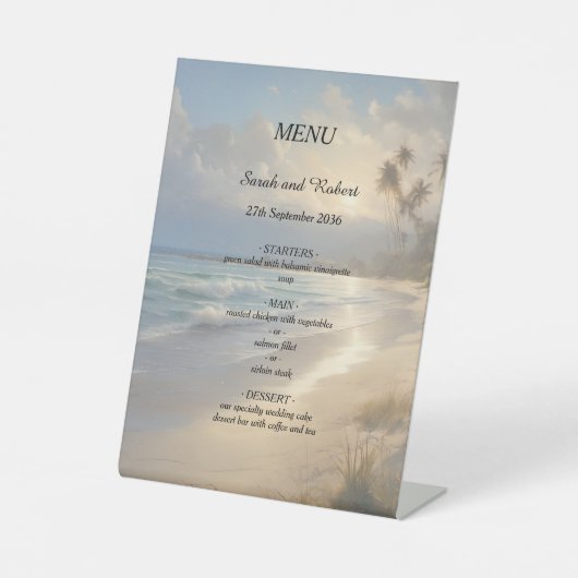 Strand Bruiloft Menu Reclamebord Met Voetstuk (Voorkant)