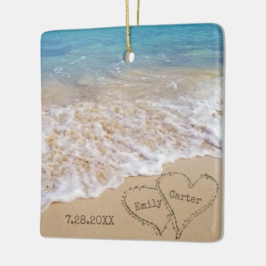 Strand bruiloft met namen en datum keramisch ornament (Links)