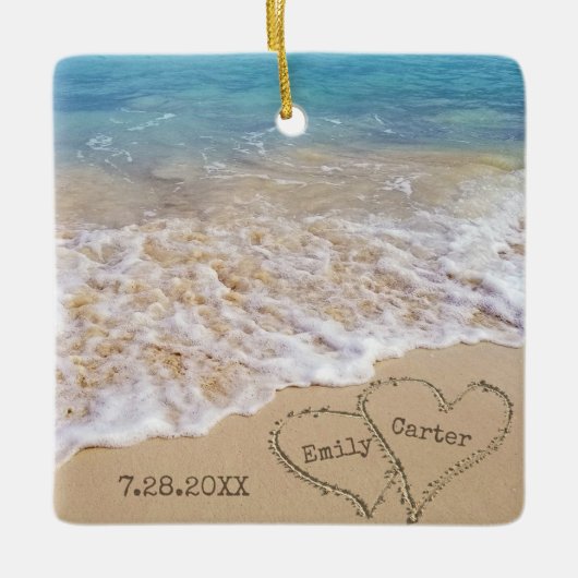 Strand bruiloft met namen en datum keramisch ornament (Voorkant)