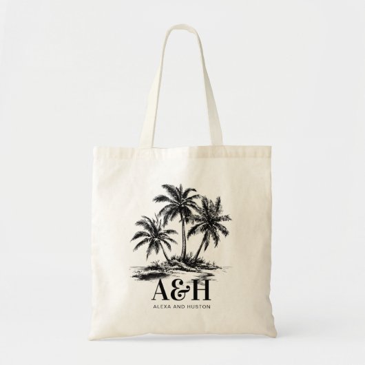 Strand Bruiloft Monogram Elegante Eenvoudige Palmb Tote Bag (Voorkant)