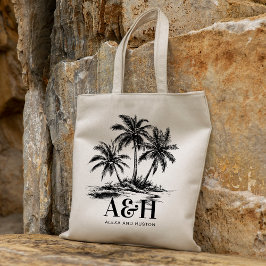 Strand Bruiloft Monogram Elegante Eenvoudige Palmb Tote Bag