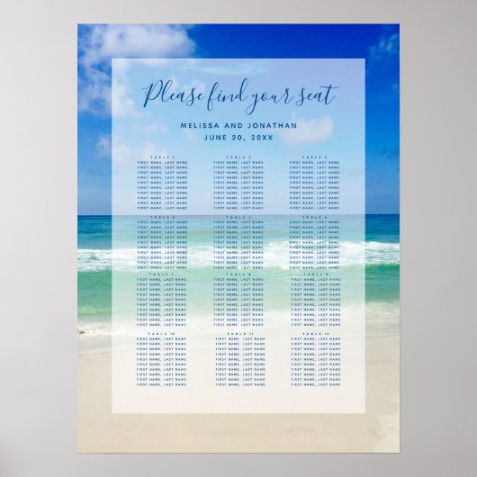 Strand Bruiloft Oceaan Foto 12 Tafel Stoelenkaart Poster (Voorkant)