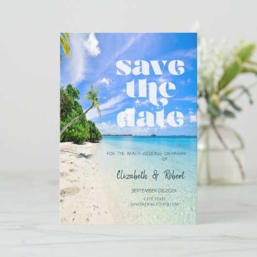 Strand Bruiloft Palm Boat Save The Date (Staand voorkant)