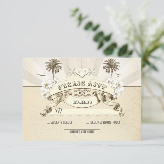 strand bruiloft palmen zeesterren zonnestralen bru RSVP kaartje (Staand voorkant)