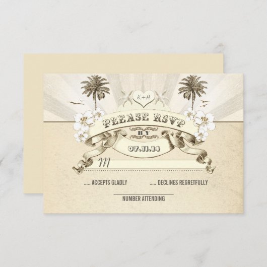 strand bruiloft palmen zeesterren zonnestralen bru RSVP kaartje (Voorkant / Achterkant)