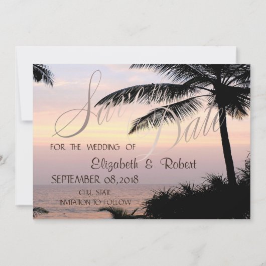 Strand Bruiloft Palmen Zonsondergang Bewaar de dat Save The Date (Voorkant)