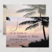 Strand Bruiloft Palmen Zonsondergang Bewaar de dat Save The Date (Voorkant / Achterkant)