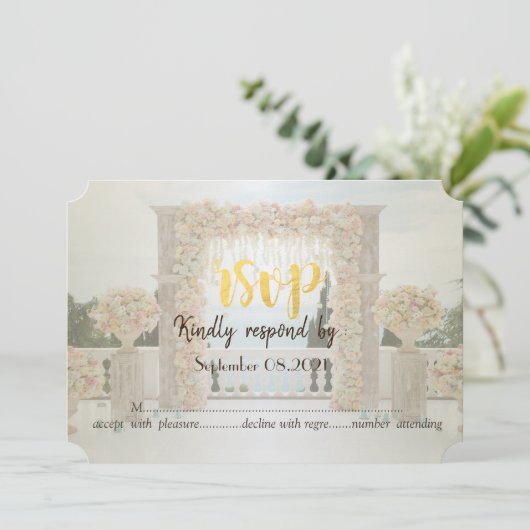 Strand Bruiloft prieel Bloemen Rozen RSVP Kaart (Staand voorkant)