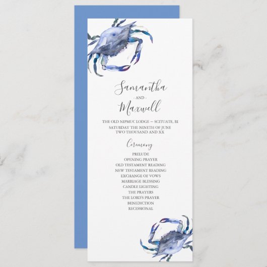 Strand bruiloft programma's Waterverf krab Kaart (Voorkant / Achterkant)