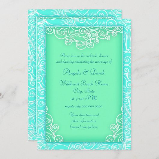 Strand bruiloft Receptie Aqua en groene golven Kaart (Voorkant / Achterkant)