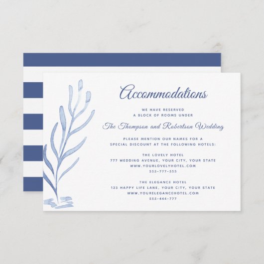 Strand Bruiloft Receptie Blauw en Wit Informatiekaartje (Voorkant / Achterkant)