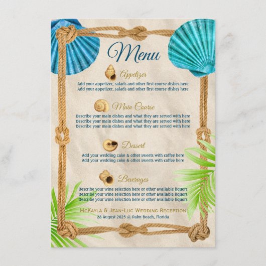 Strand Bruiloft Receptie Diner Seashell Touw Palm Menu (Voorkant)