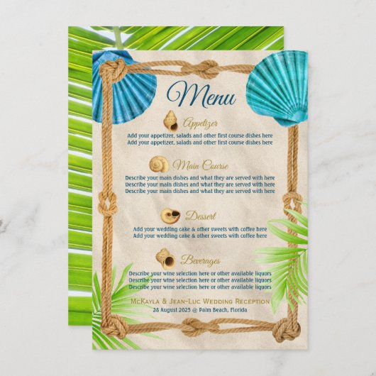 Strand Bruiloft Receptie Diner Seashell Touw Palm Menu (Voorkant / Achterkant)