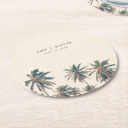 Strand bruiloft receptie Palm Tree gepersonaliseer Ronde Kartonnen Onderzetter (Gebogen)