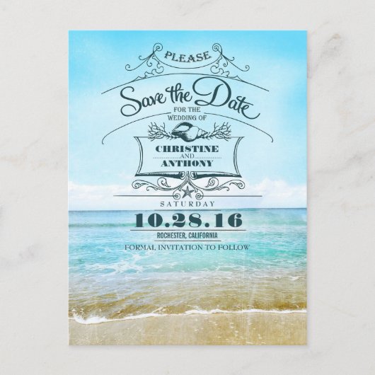 Strand bruiloft retro save the date briefkaarten (Voorkant)