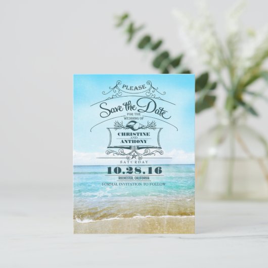Strand bruiloft retro save the date briefkaarten (Staand voorkant)