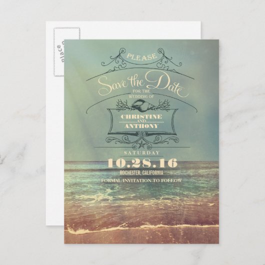 Strand bruiloft retro save the date briefkaarten (Voorkant / Achterkant)