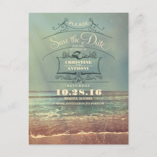 Strand bruiloft retro save the date briefkaarten (Voorkant)