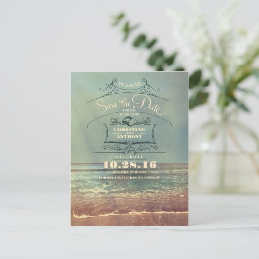 Strand bruiloft retro save the date briefkaarten (Staand voorkant)