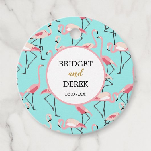 Strand Bruiloft Roze Blauw Flamingo Bedankjes Labels (Voorkant)