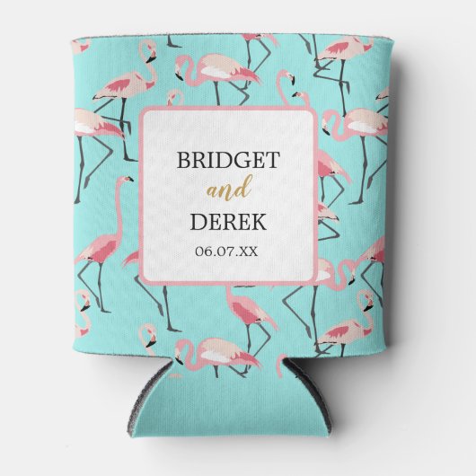 Strand Bruiloft Roze Blauw Flamingo Blikjeskoeler (Voorkant)