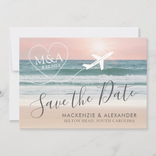 Strand Bruiloft Roze Oceaan Zonsondergang Save The Date (Voorkant)