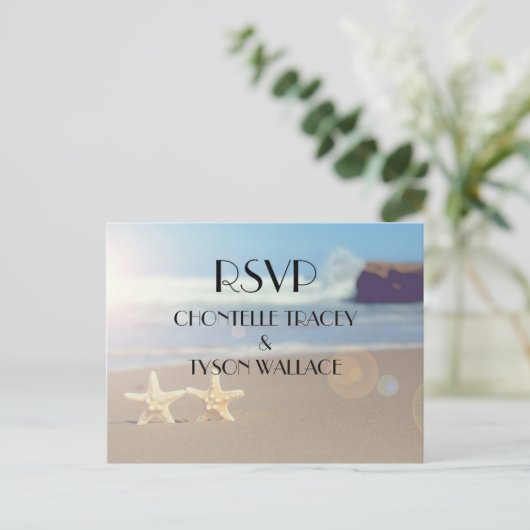 Strand bruiloft RSVP briefkaart (Staand voorkant)