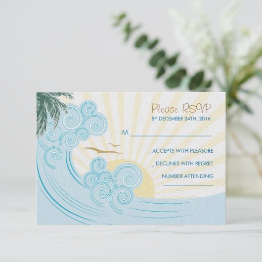 Strand bruiloft RSVP kaarten (Staand voorkant)