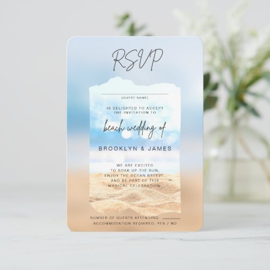 Strand bruiloft RSVP vriendelijk antwoord Kaart (Staand voorkant)