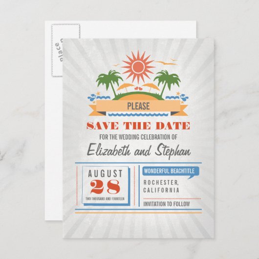 Strand Bruiloft Save De Datum Briefkaarten (Voorkant / Achterkant)