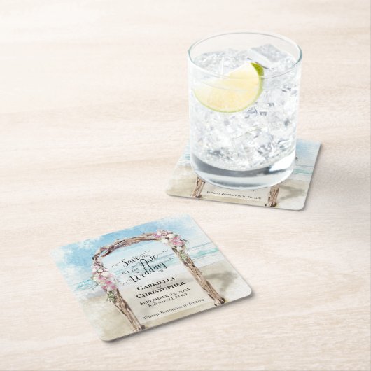 Strand Bruiloft Save the Date Pastel Waterverf Kartonnen Onderzetters (Insitu)