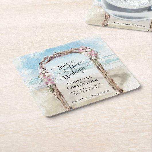 Strand Bruiloft Save the Date Pastel Waterverf Kartonnen Onderzetters (Schuin)