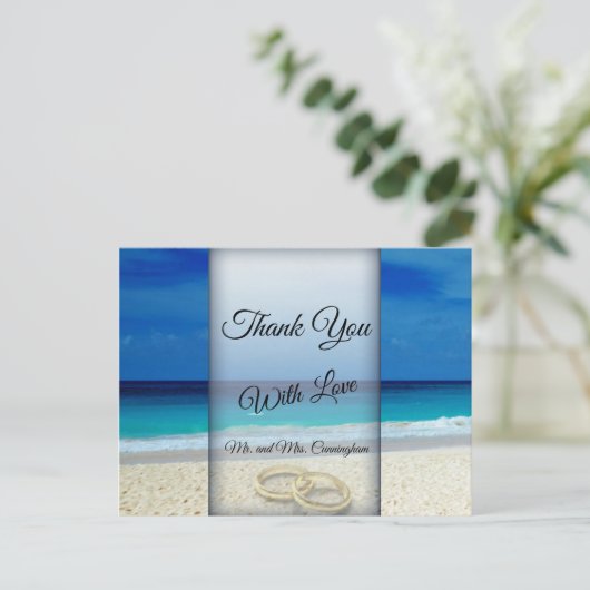 Strand bruiloft scène met ringen dank u - briefkaart (Staand voorkant)