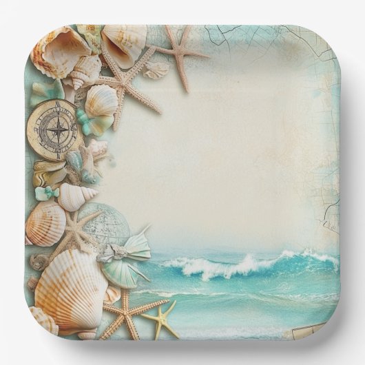 Strand bruiloft schelpen papieren bordje (Voorkant)