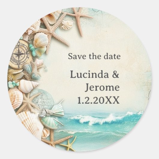 Strand bruiloft schelpen ronde sticker (Voorkant)