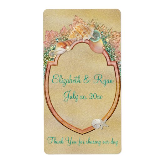 Strand bruiloft schelpen wijn / water labels (Voorkant)