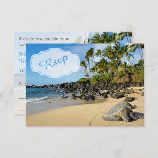 Strand bruiloft | Schildpadden | Oceaan | Palmen | RSVP Kaartje (Voorkant / Achterkant)