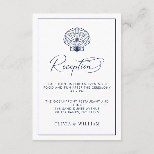 Strand Bruiloft Seashell Marine Blauw Receptie Informatiekaartje (Voorkant)