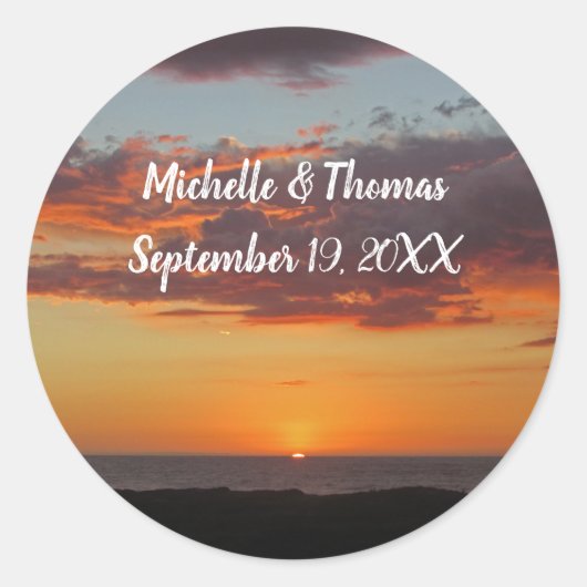 Strand Bruiloft Sinaasappel Avond Sky Ocean Sunset Ronde Sticker (Voorkant)