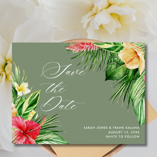 Strand Bruiloft Tropische Bloemen Save the Date Aankondigingskaart