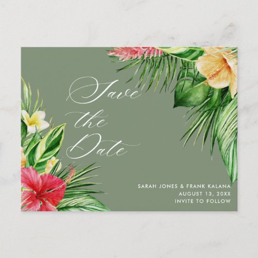 Strand Bruiloft Tropische Bloemen Save the Date Aankondigingskaart (Voorkant)