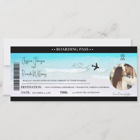 Strand Bruiloft uitnodiging Boarding pass ticket (Voorkant)