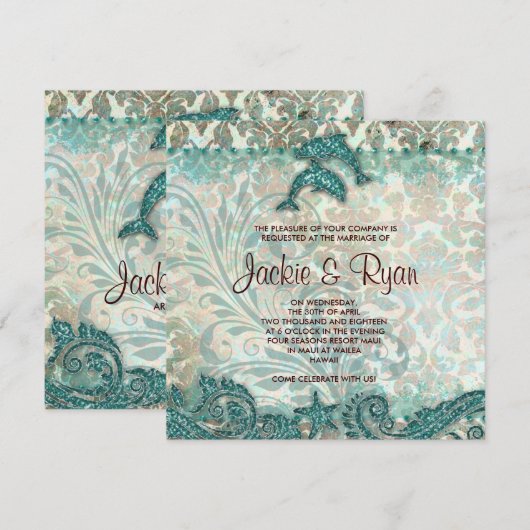 Strand bruiloft uitnodiging dolfijnen Vintage Blau (Voorkant / Achterkant)