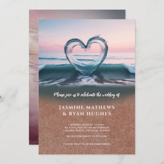 Strand bruiloft uitnodiging, liefde hart kaart (Voorkant / Achterkant)