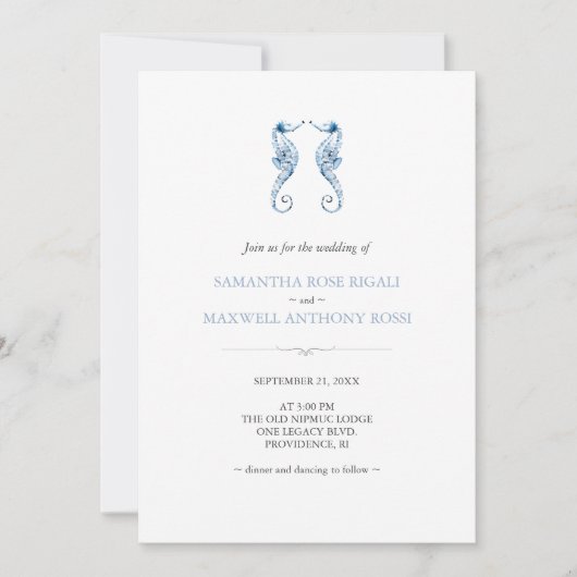 Strand bruiloft uitnodiging met QR Code Blauw (Voorkant)