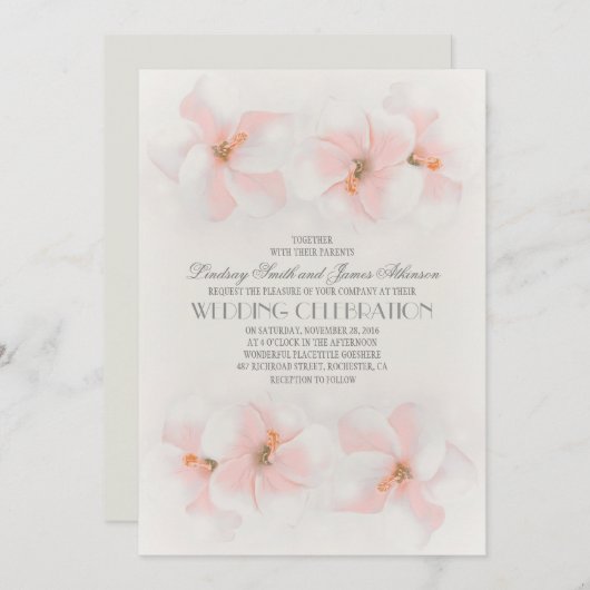 Strand bruiloft uitnodiging met roze bloemen (Voorkant / Achterkant)