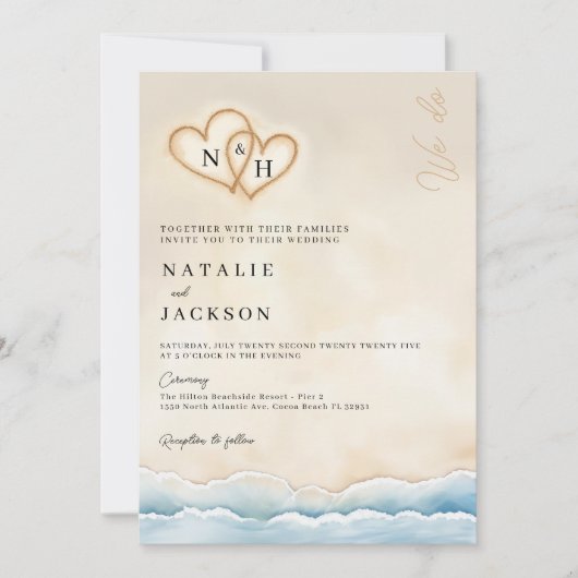 Strand bruiloft uitnodiging met zand harten (Voorkant)