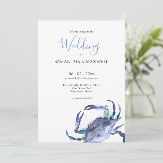 Strand bruiloft uitnodigingen Waterverf blauwe kra (Staand voorkant)