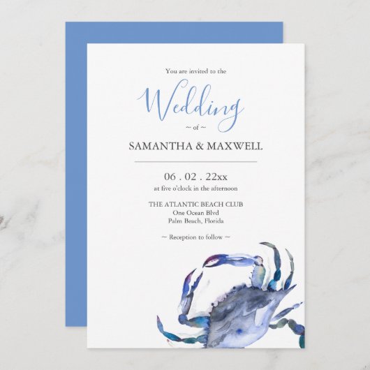 Strand bruiloft uitnodigingen Waterverf blauwe kra (Voorkant / Achterkant)